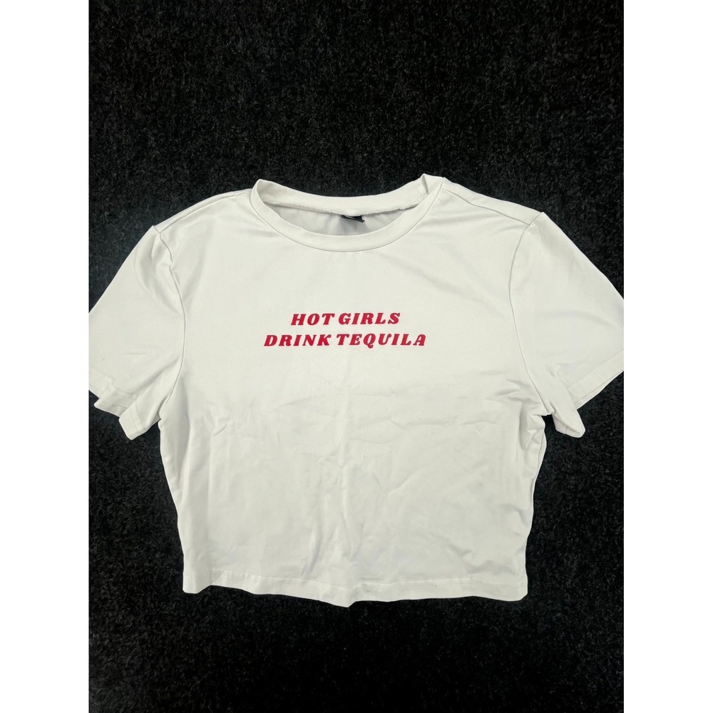 SheIn Cropped Top Womens Large White Graphic Hot Girls Drink Tequila Party Shirt